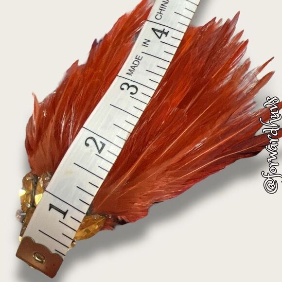 Handcrafted Burnt Orange Feathered Brooch / Hair Clip with Rhinestones - Picture 4 of 7